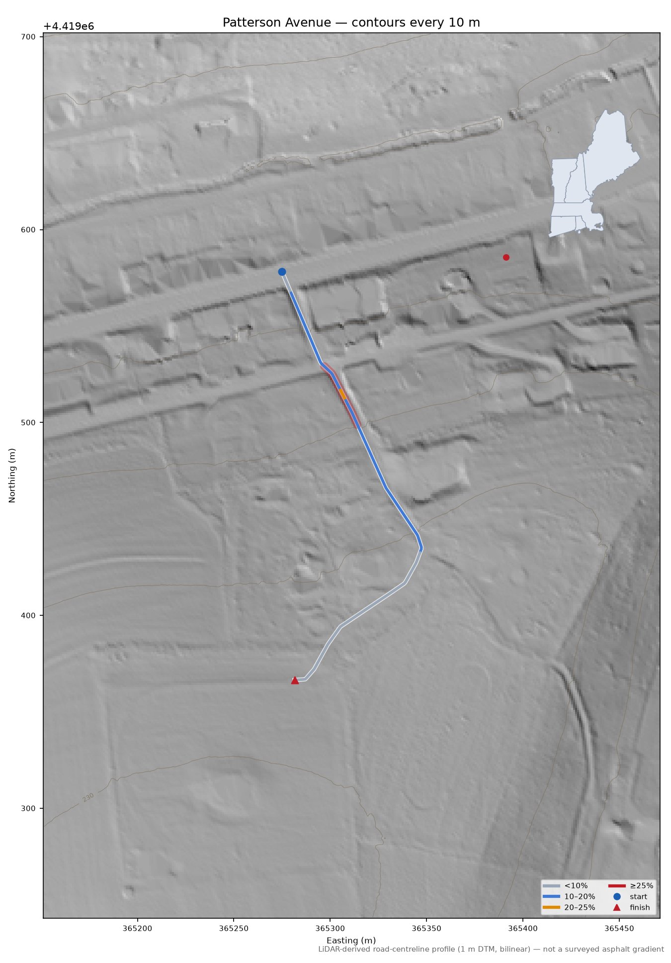Patterson Avenue LiDAR hillshade map with contours