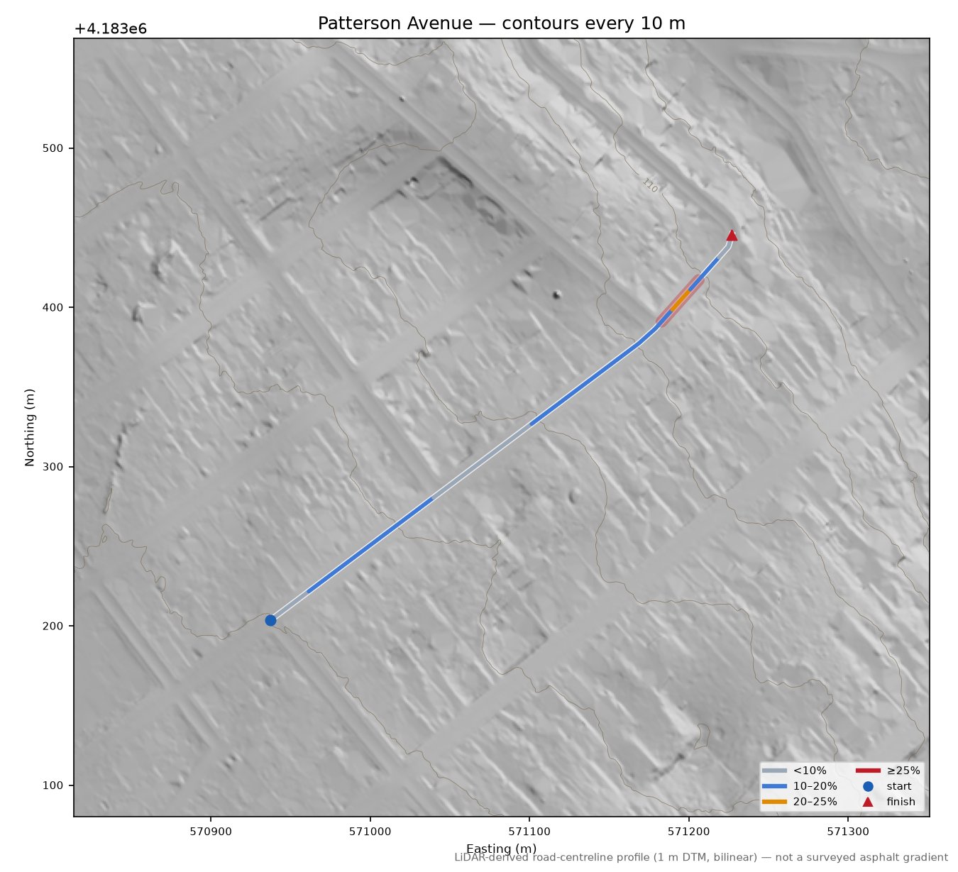 Patterson Avenue LiDAR hillshade map with contours