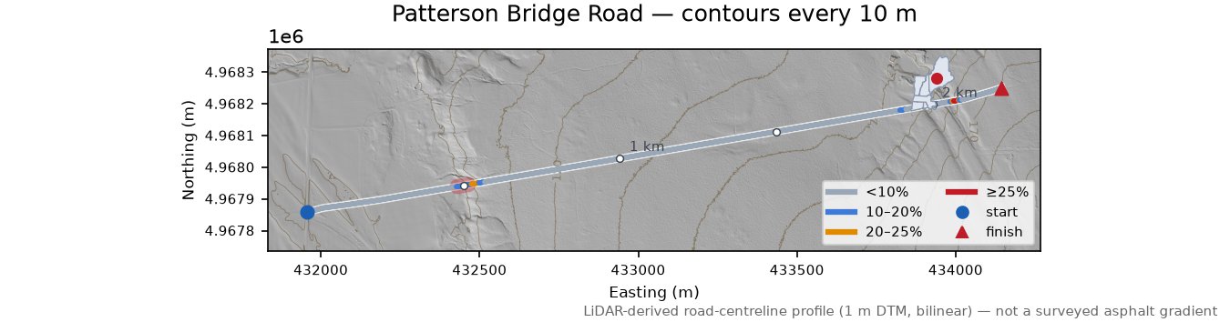 Patterson Bridge Road LiDAR hillshade map with contours