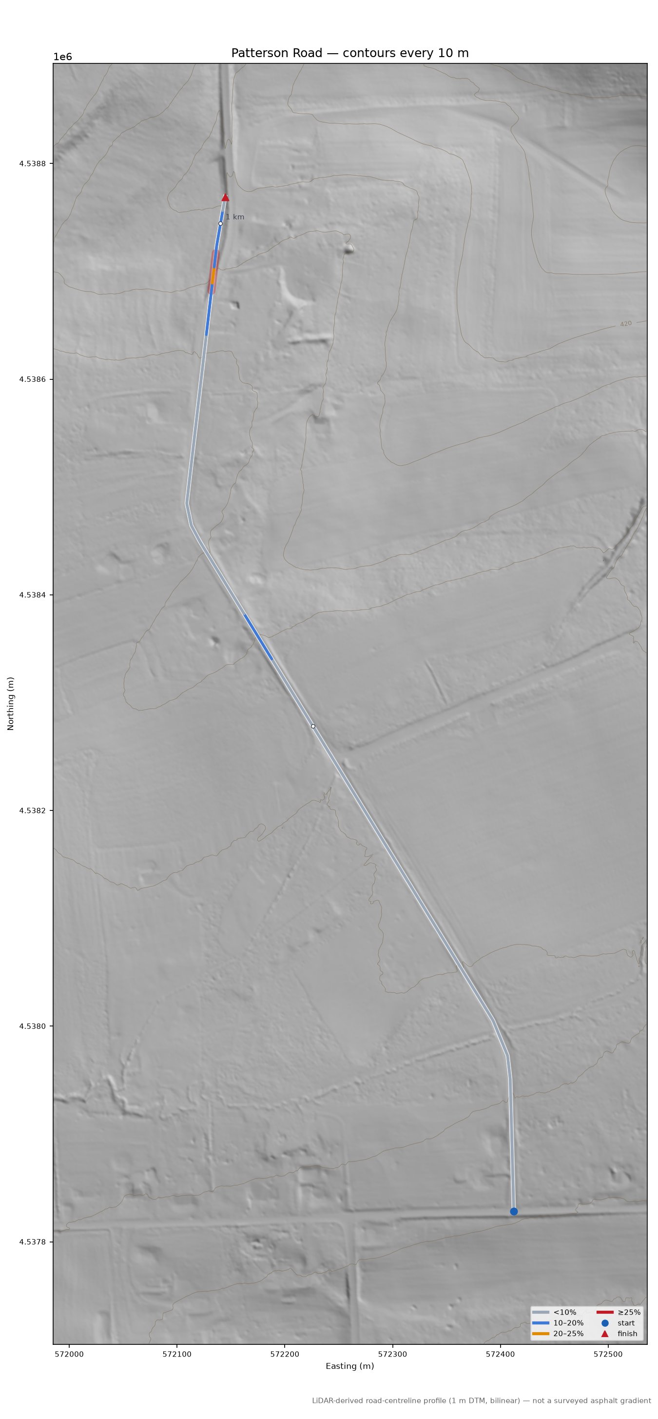 Patterson Road LiDAR hillshade map with contours