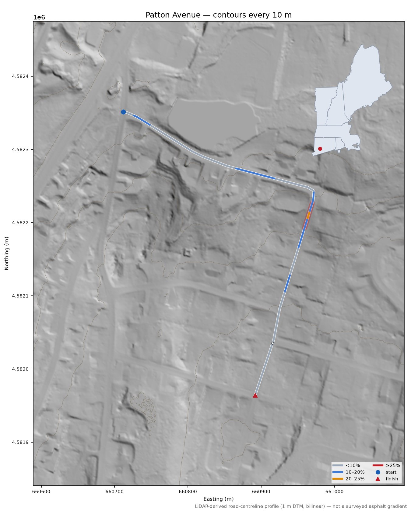 Patton Avenue LiDAR hillshade map with contours
