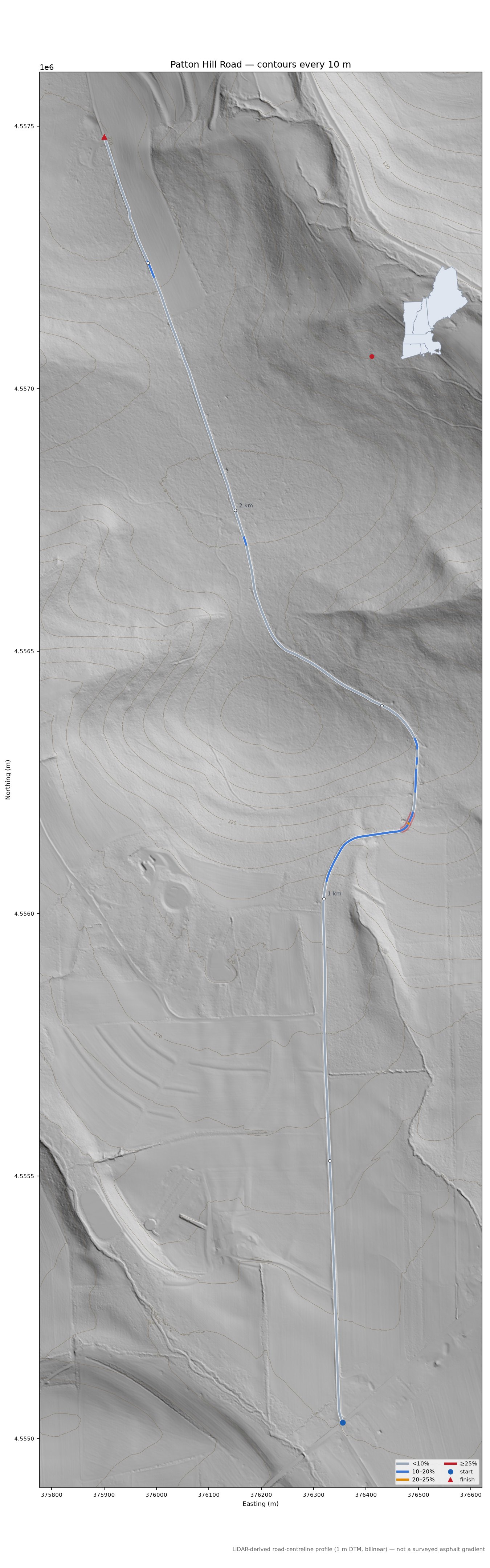 Patton Hill Road LiDAR hillshade map with contours