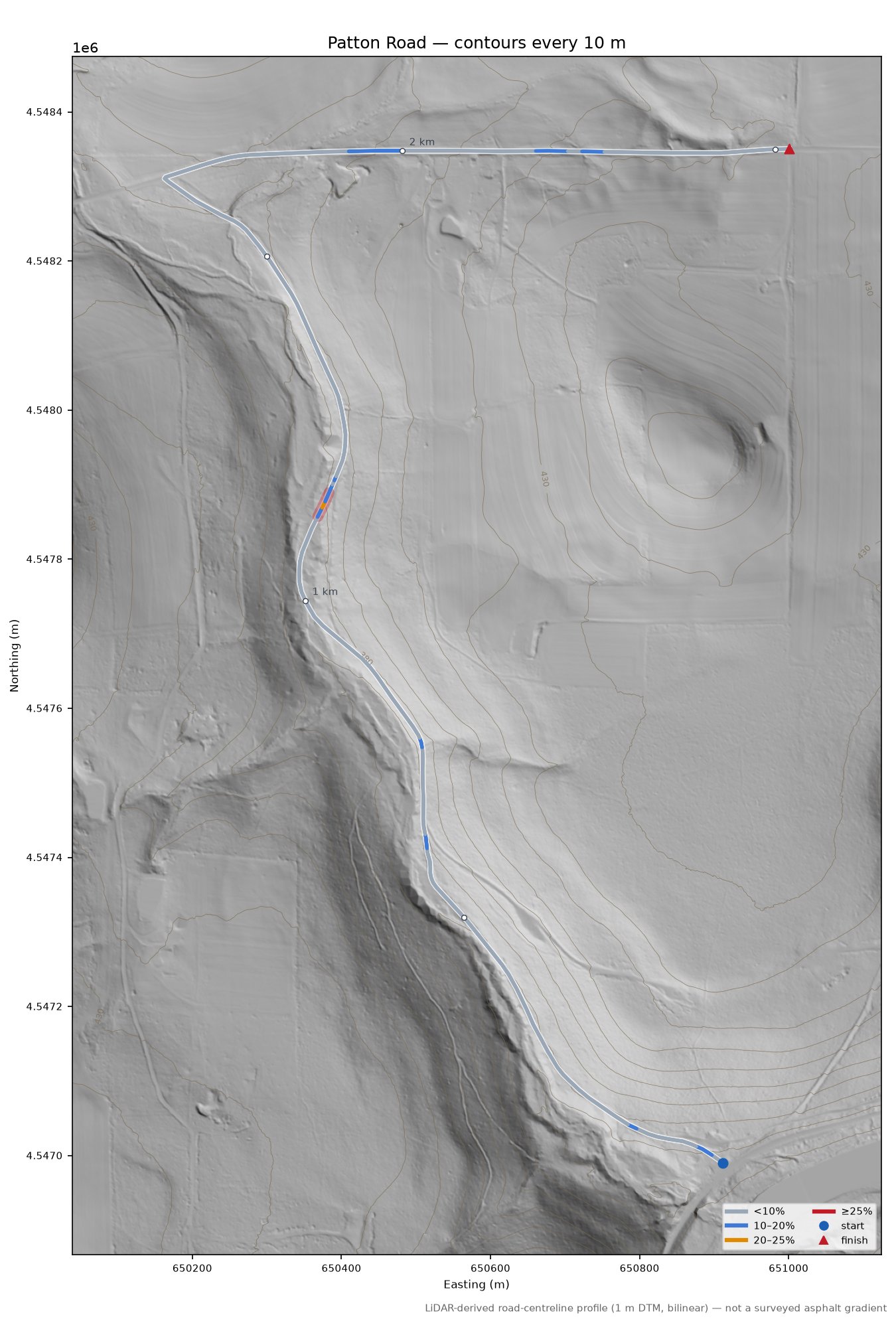 Patton Road LiDAR hillshade map with contours