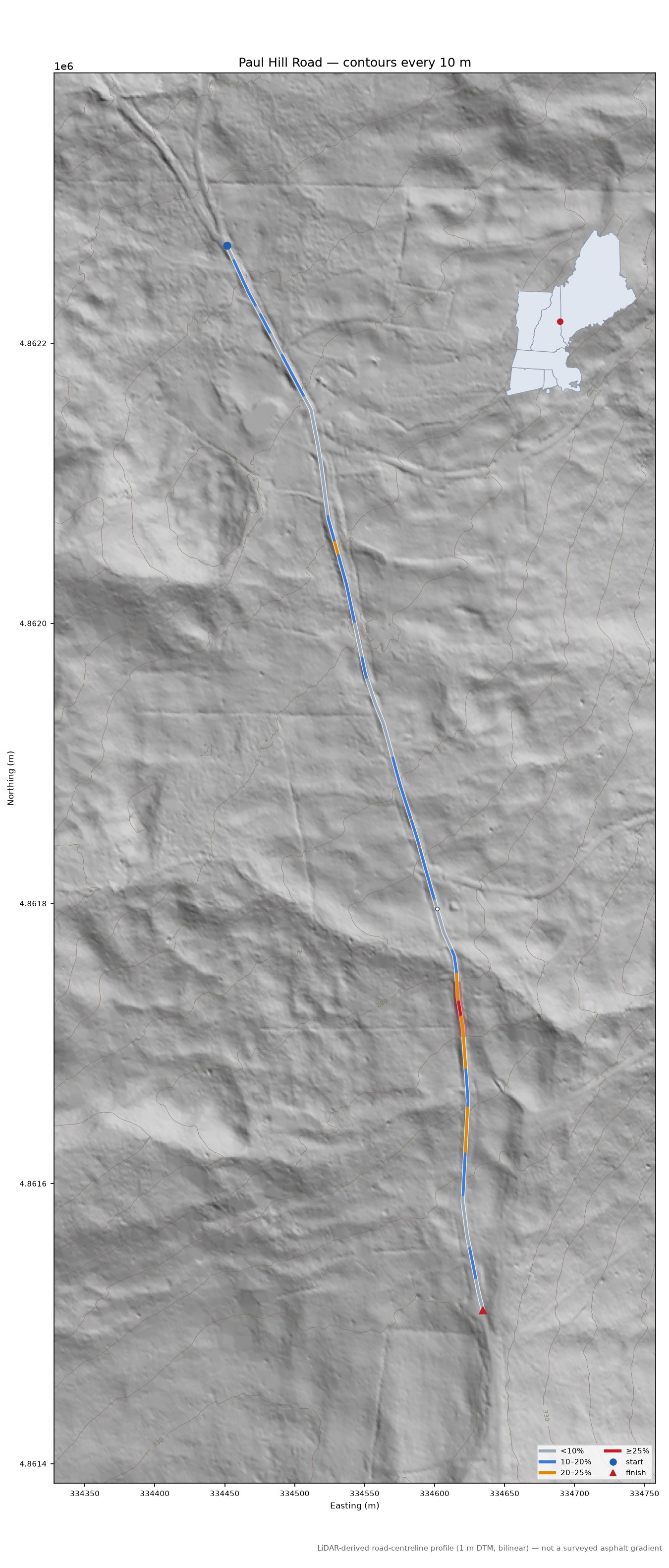Paul Hill Road LiDAR hillshade map with contours