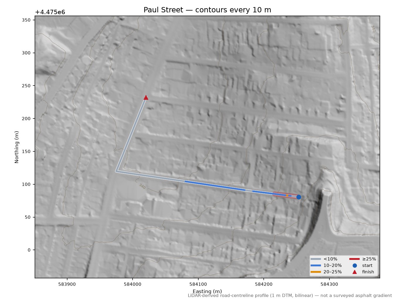 Paul Street LiDAR hillshade map with contours