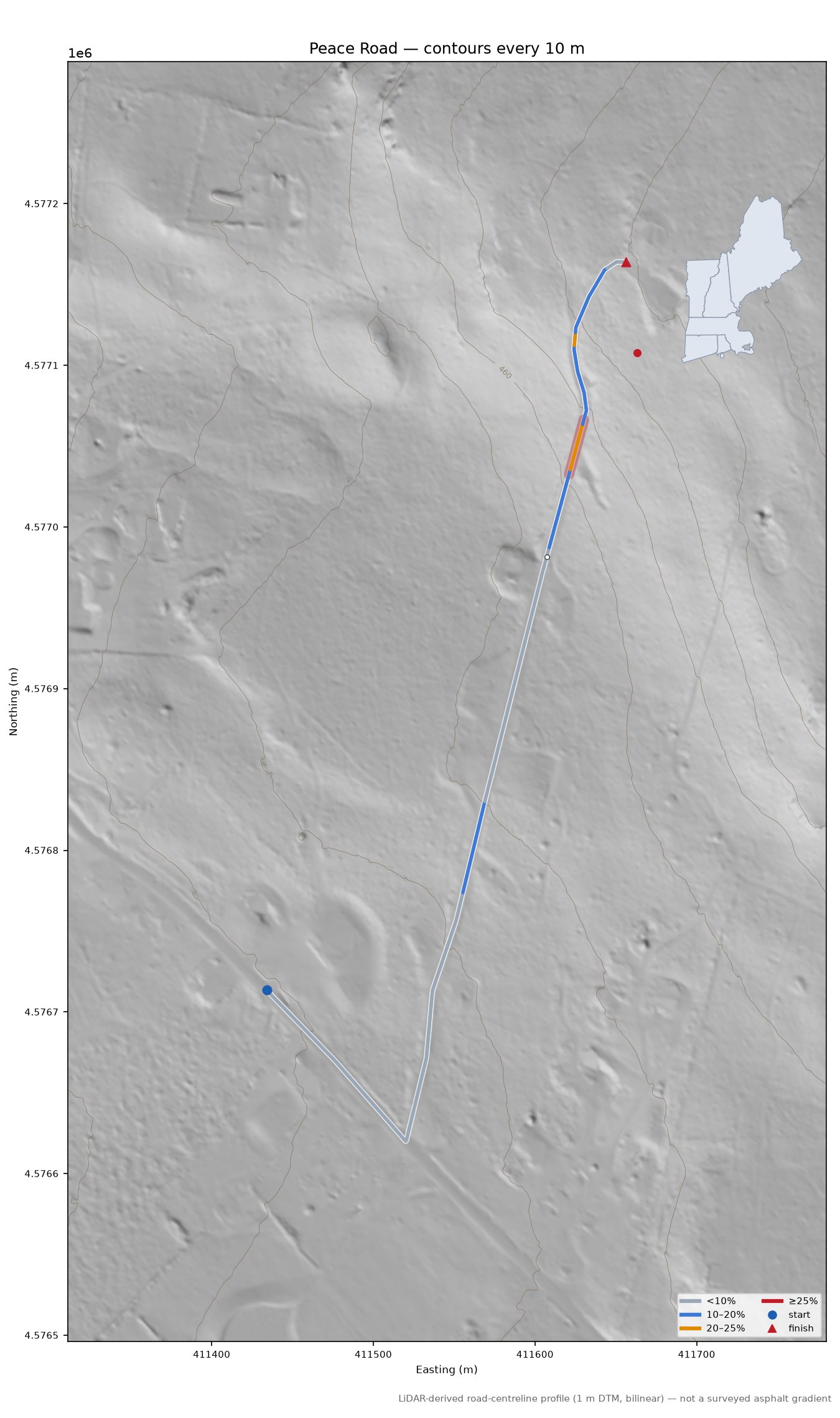 Peace Road LiDAR hillshade map with contours