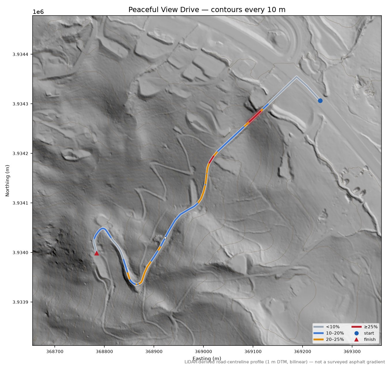 Peaceful View Drive LiDAR hillshade map with contours