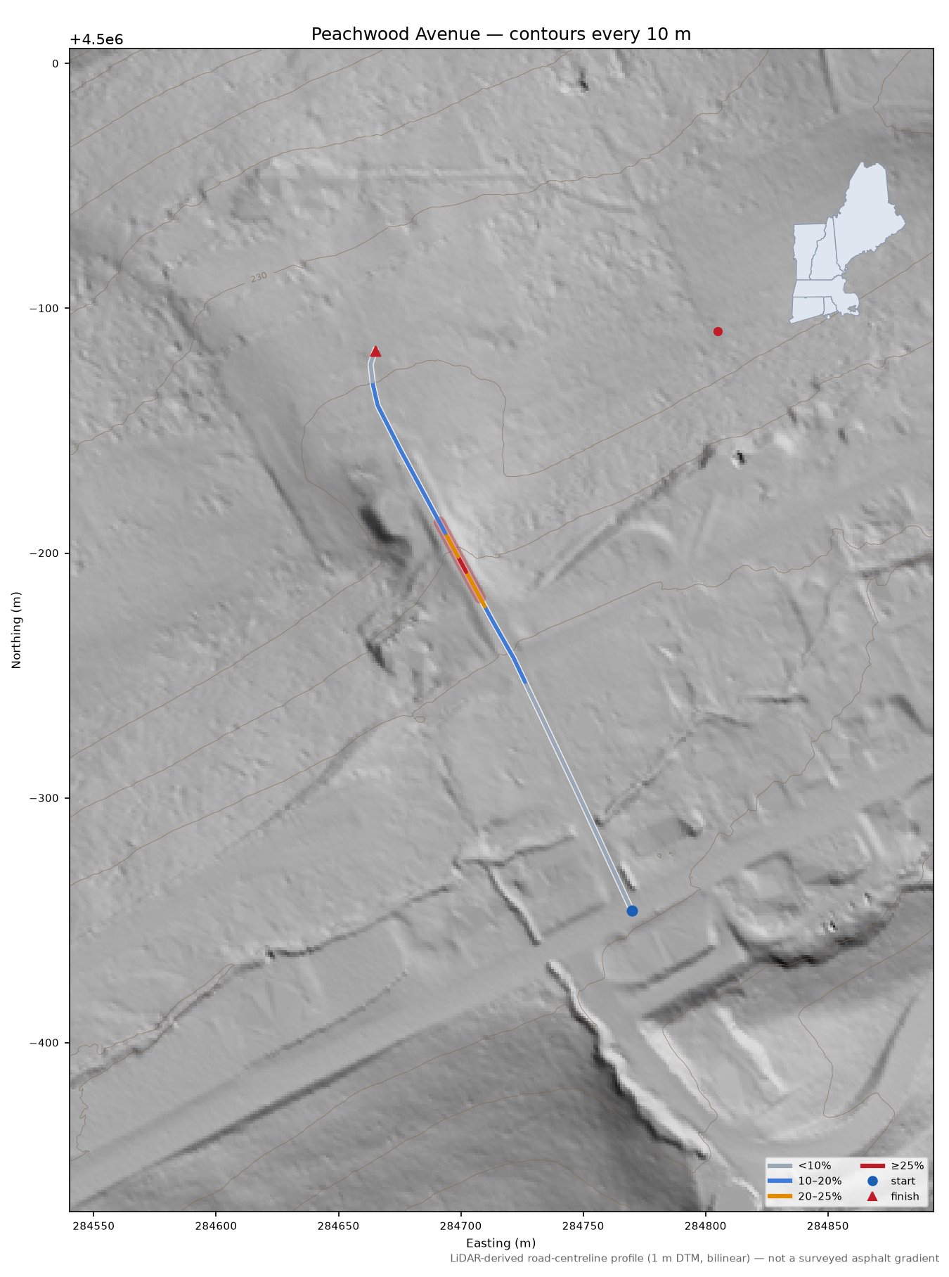 Peachwood Avenue LiDAR hillshade map with contours