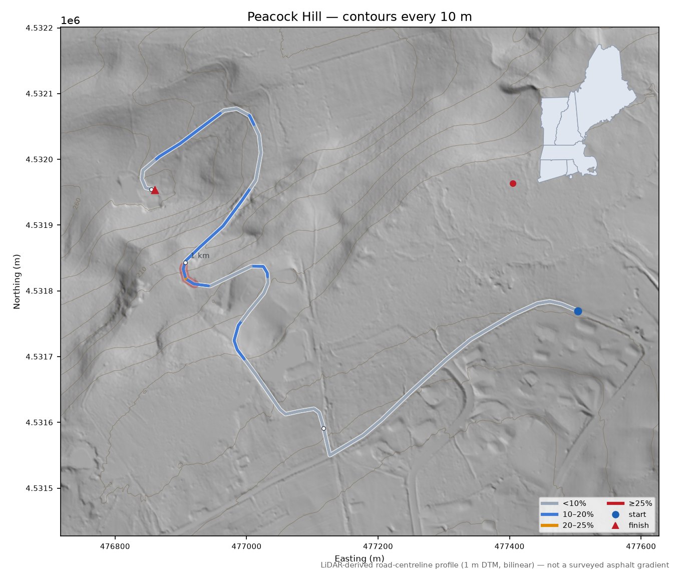 Peacock Hill LiDAR hillshade map with contours