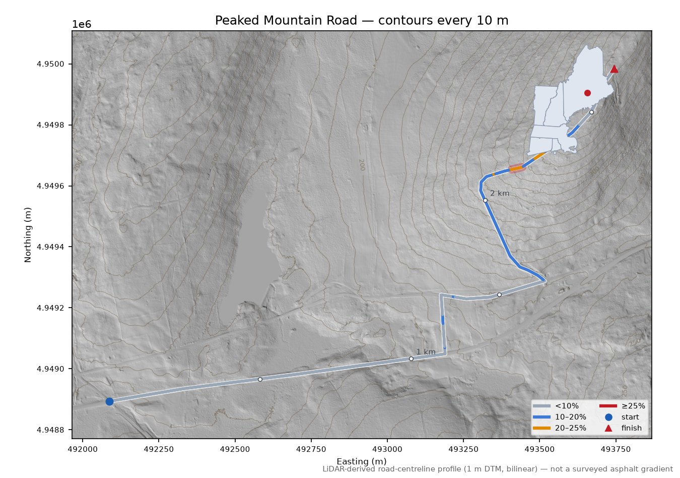 Peaked Mountain Road LiDAR hillshade map with contours