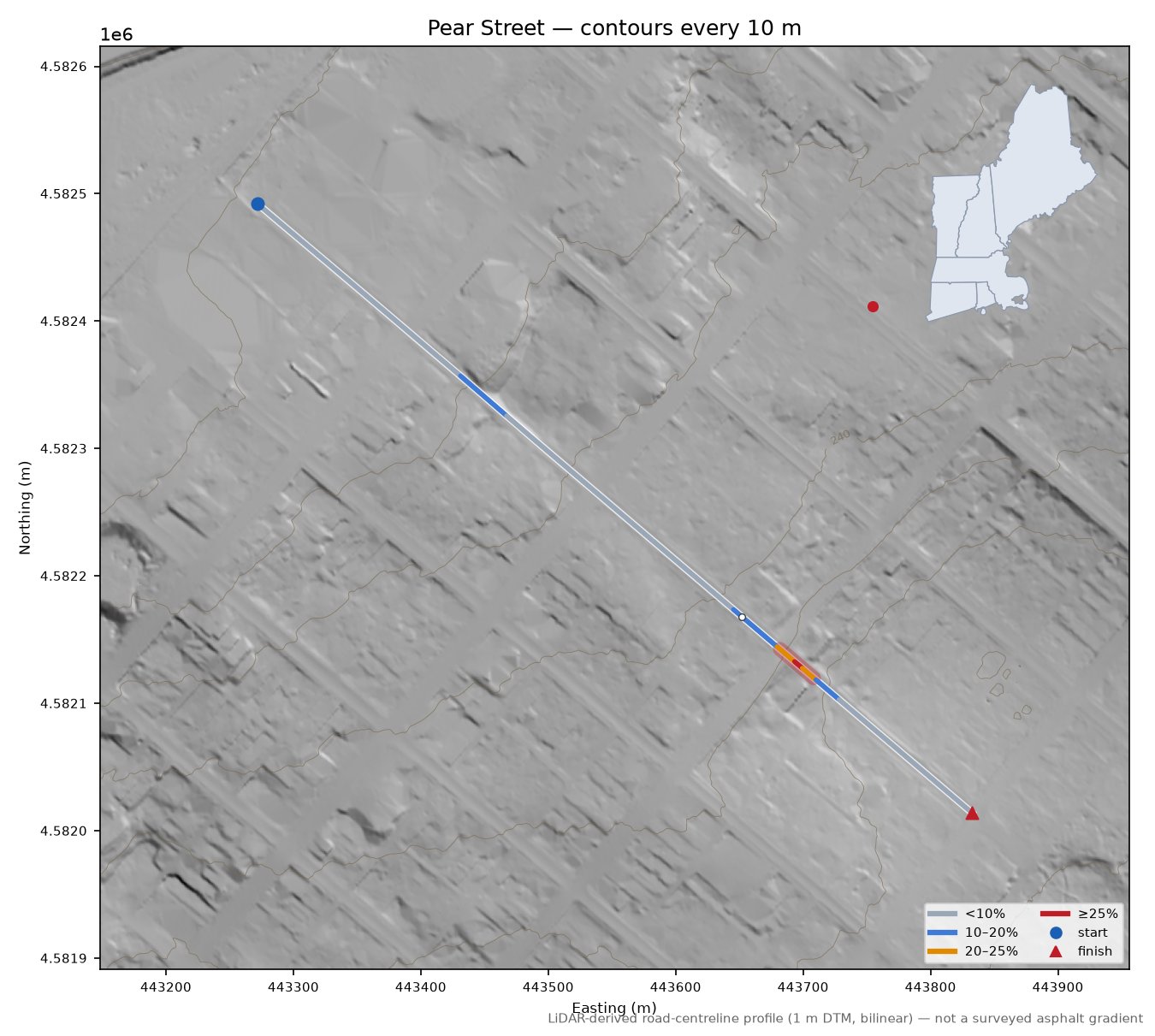 Pear Street LiDAR hillshade map with contours