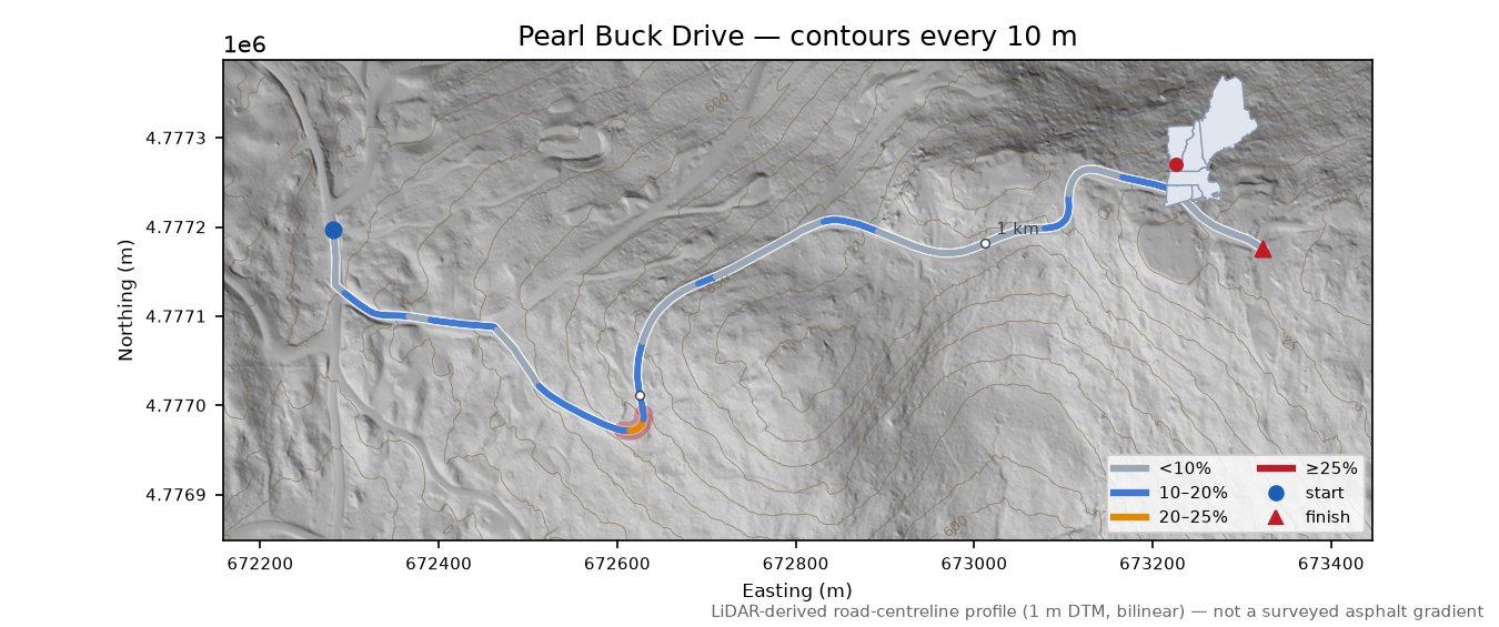 Pearl Buck Drive LiDAR hillshade map with contours