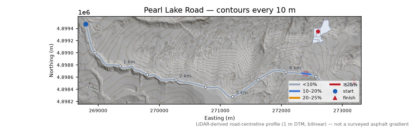 Pearl Lake Road LiDAR hillshade map with contours