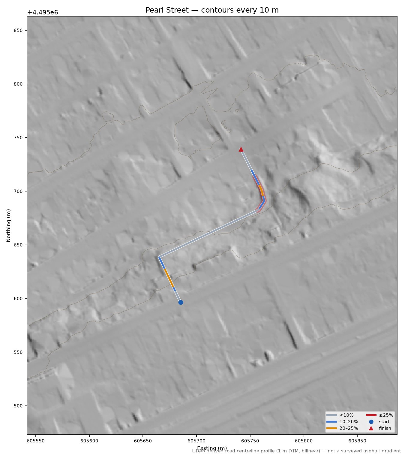 Pearl Street LiDAR hillshade map with contours