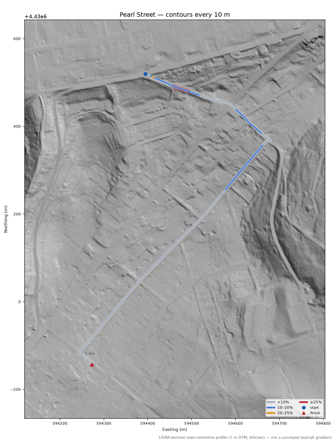 Pearl Street LiDAR hillshade map with contours
