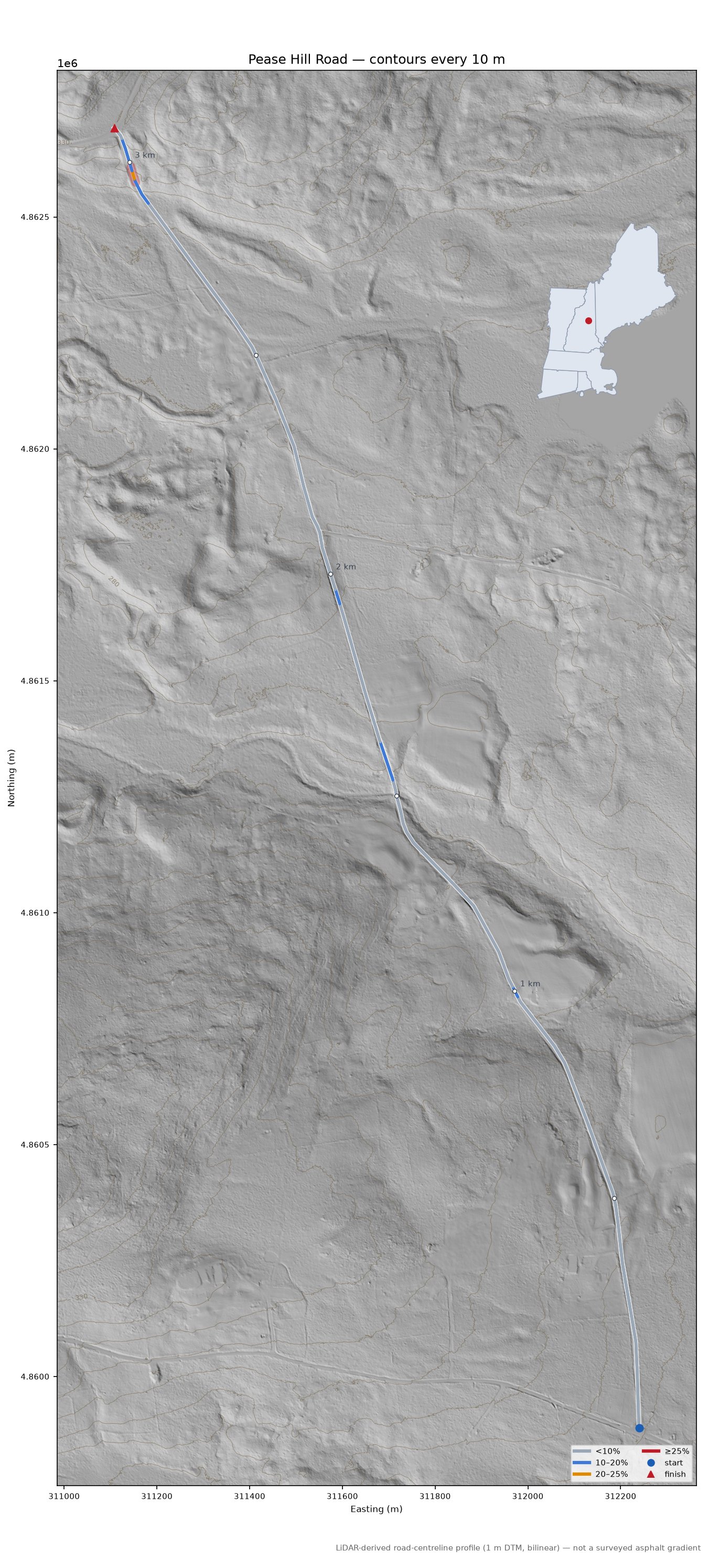 Pease Hill Road LiDAR hillshade map with contours