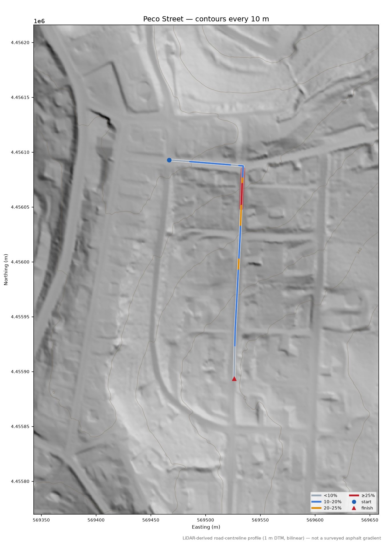 Peco Street LiDAR hillshade map with contours