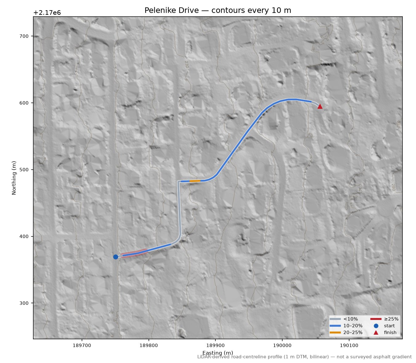 Pelenike Drive LiDAR hillshade map with contours