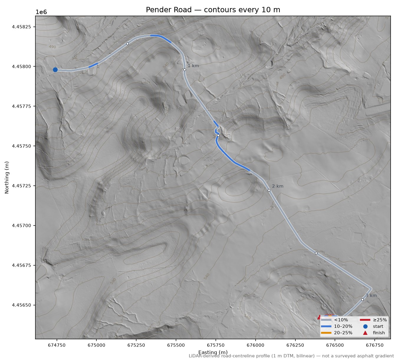 Pender Road LiDAR hillshade map with contours