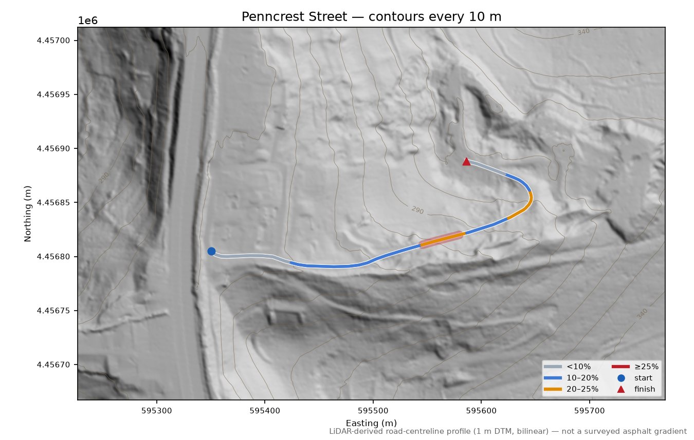 Penncrest Street LiDAR hillshade map with contours