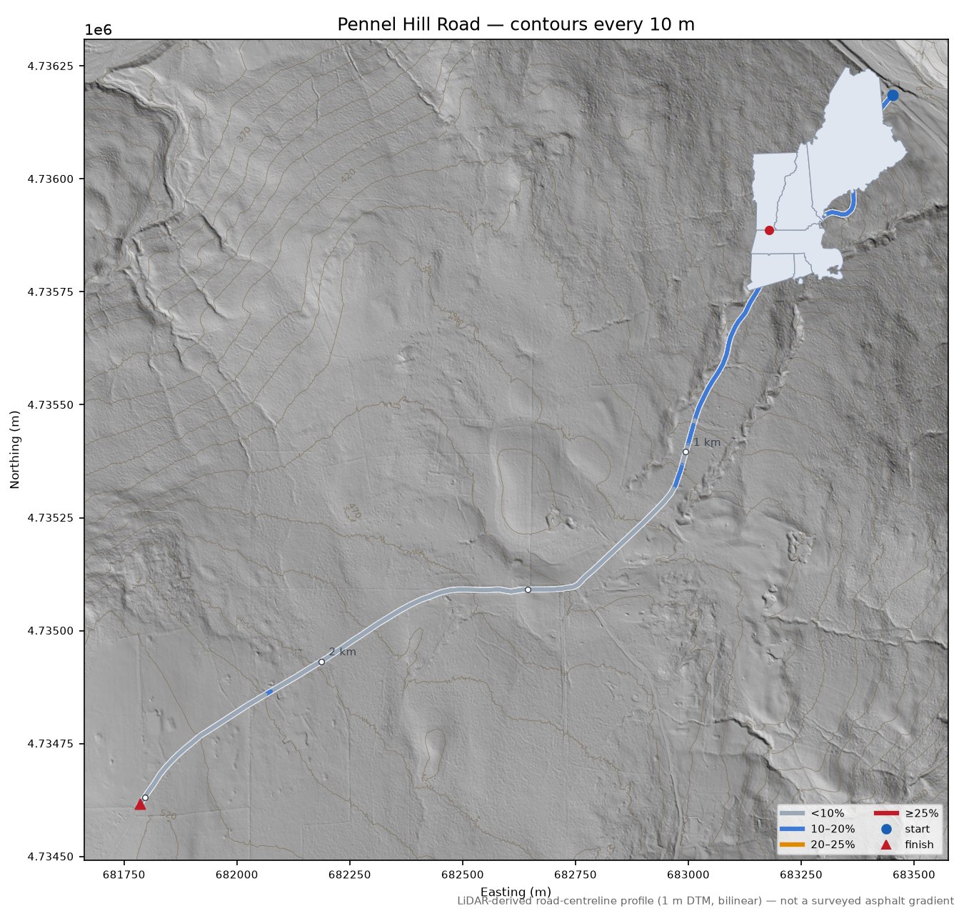 Pennel Hill Road LiDAR hillshade map with contours