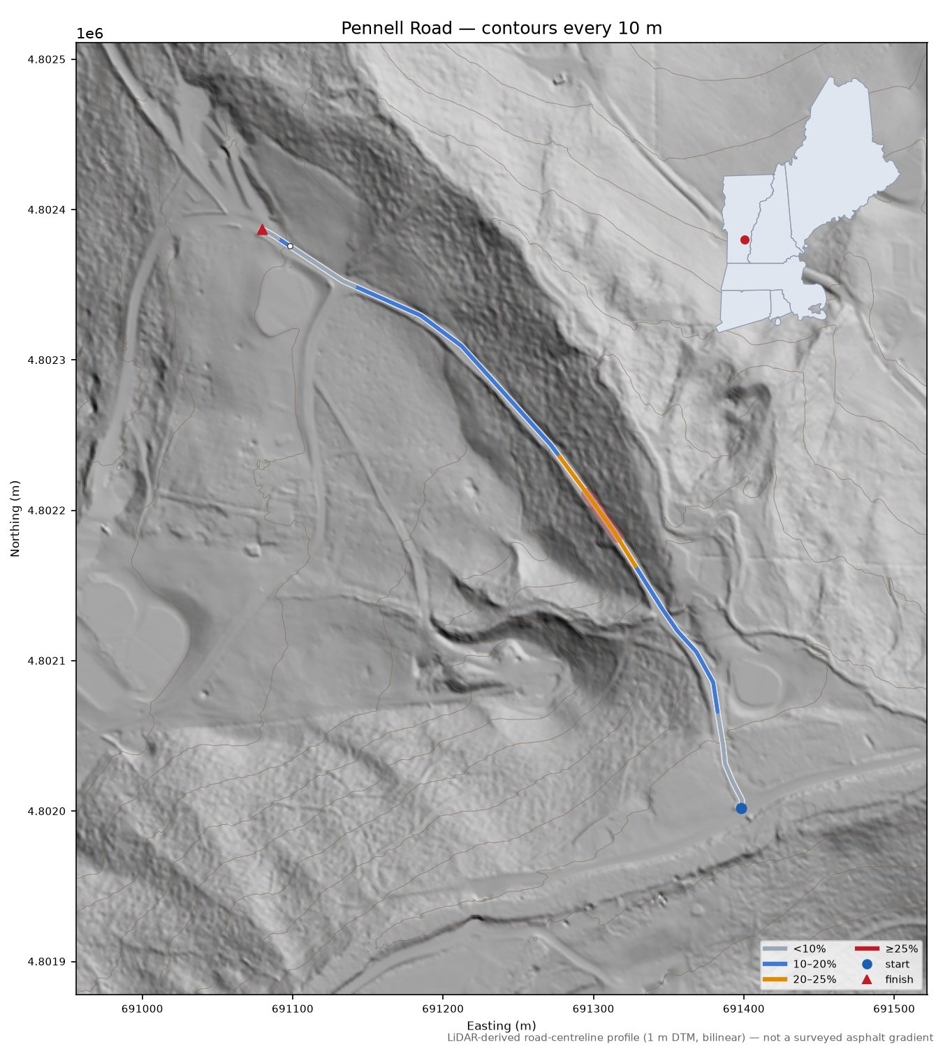 Pennell Road LiDAR hillshade map with contours