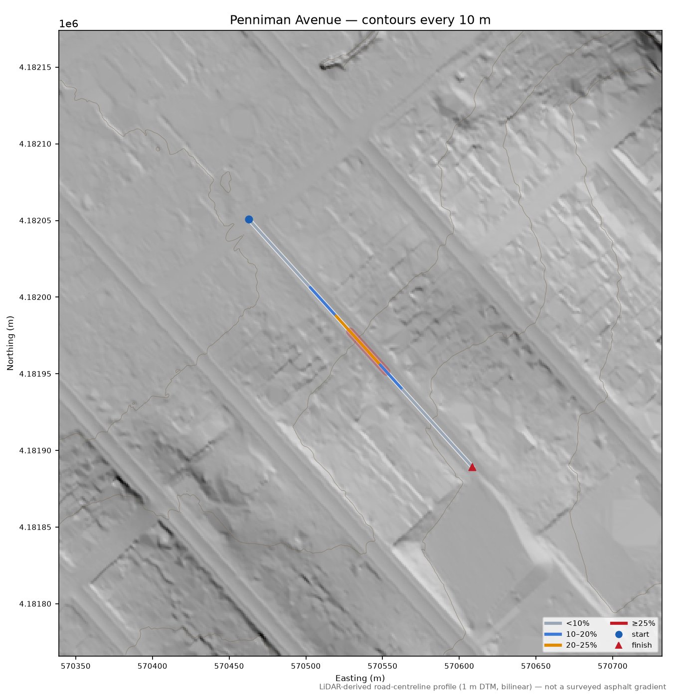 Penniman Avenue LiDAR hillshade map with contours