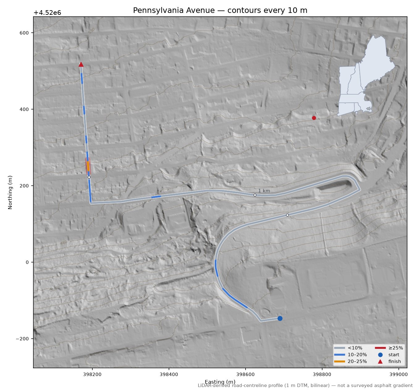 Pennsylvania Avenue LiDAR hillshade map with contours