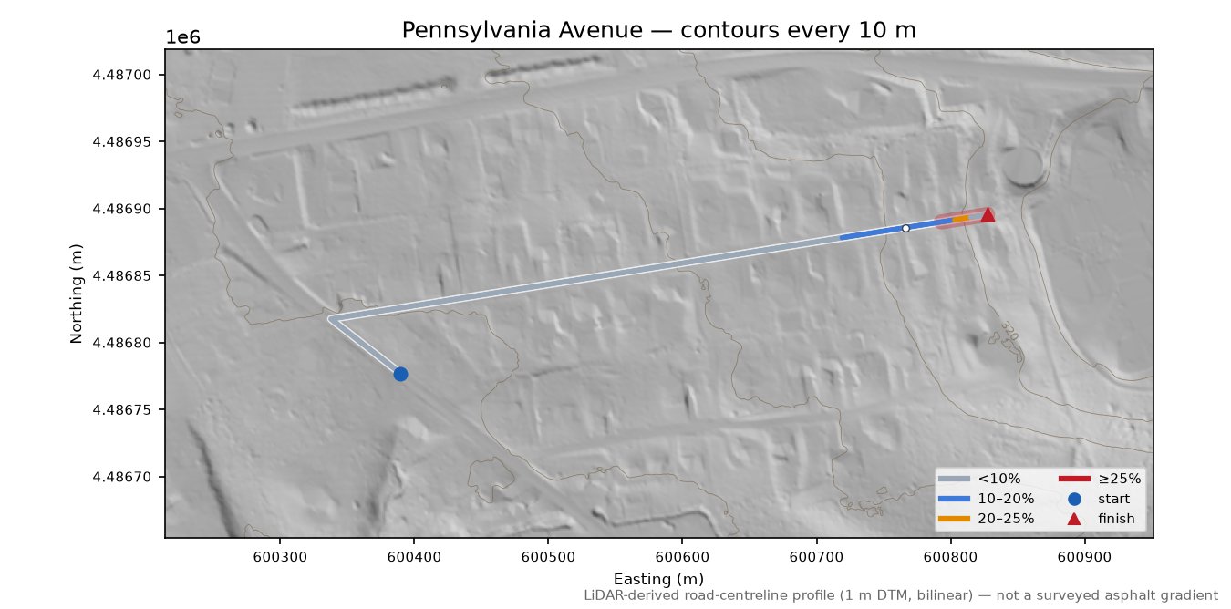 Pennsylvania Avenue LiDAR hillshade map with contours
