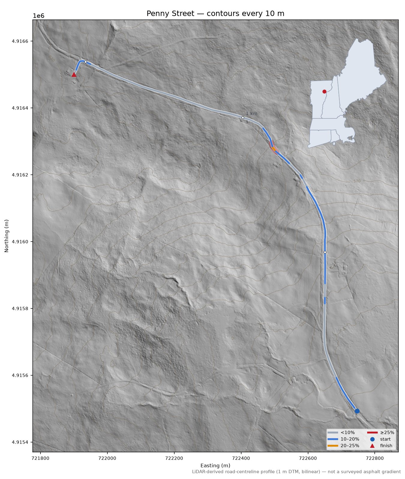 Penny Street LiDAR hillshade map with contours