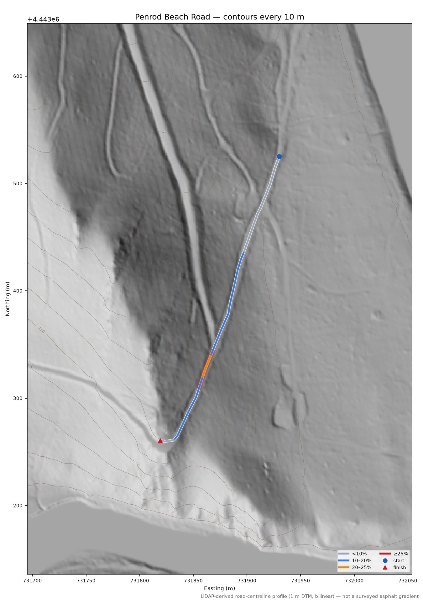 Penrod Beach Road LiDAR hillshade map with contours