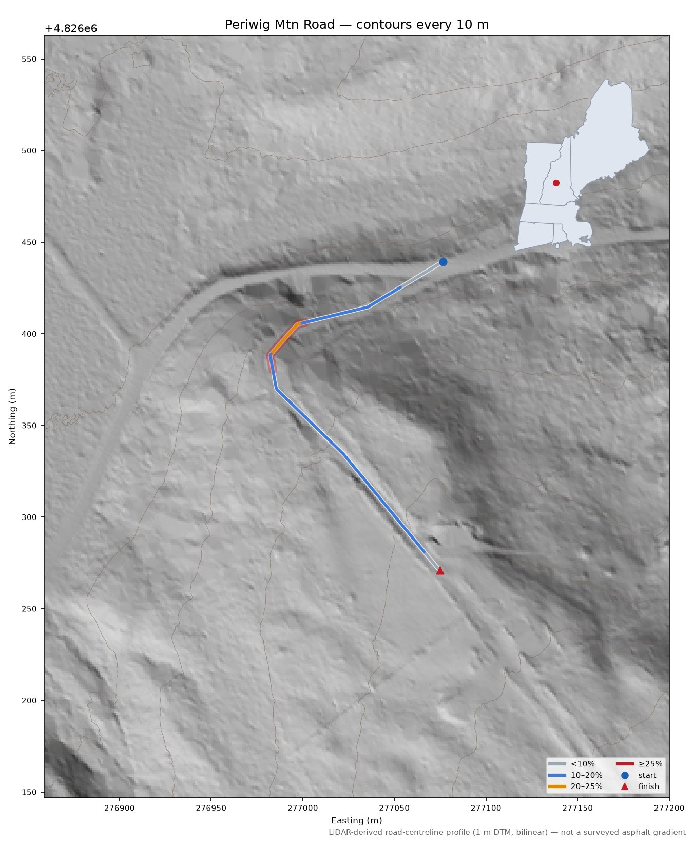 Periwig Mtn Road LiDAR hillshade map with contours