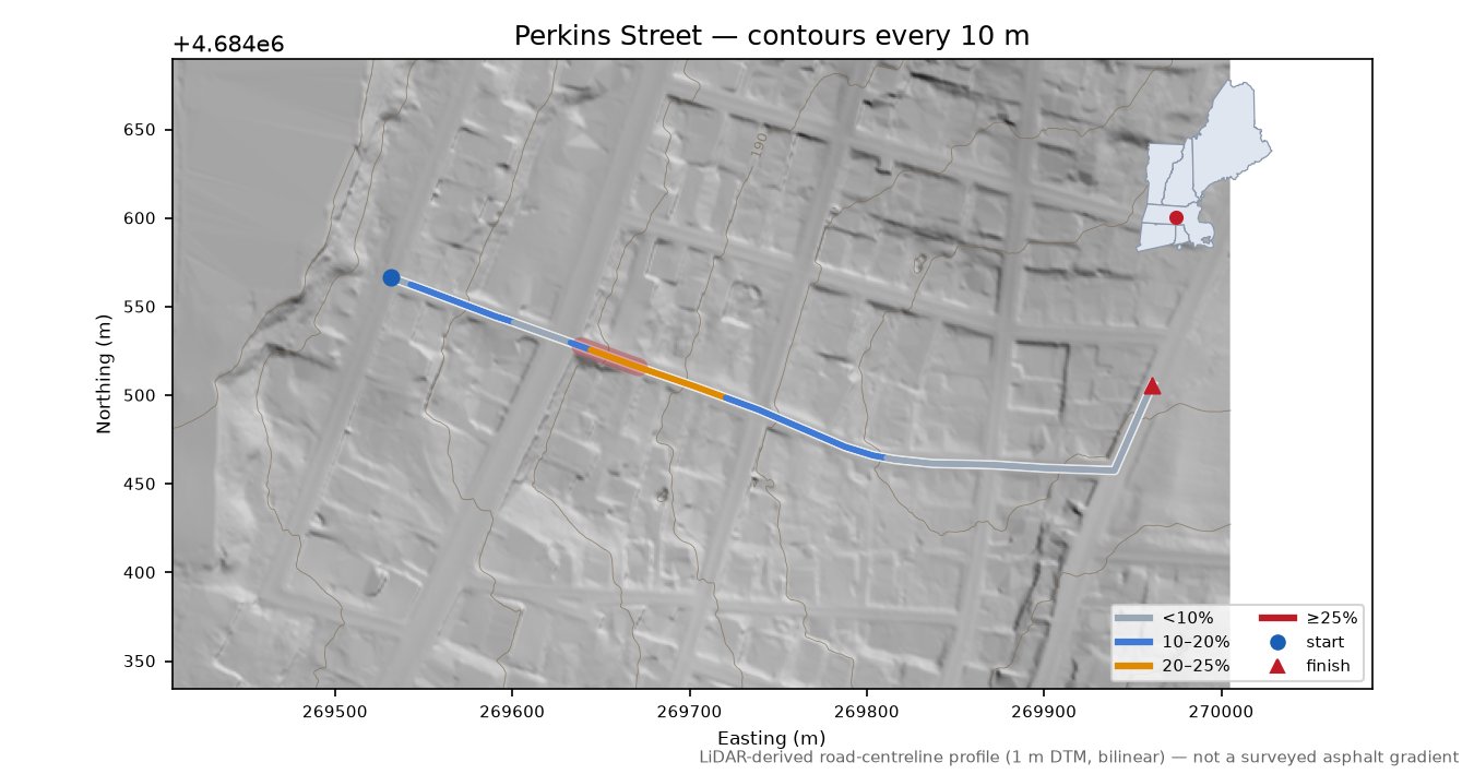Perkins Street LiDAR hillshade map with contours
