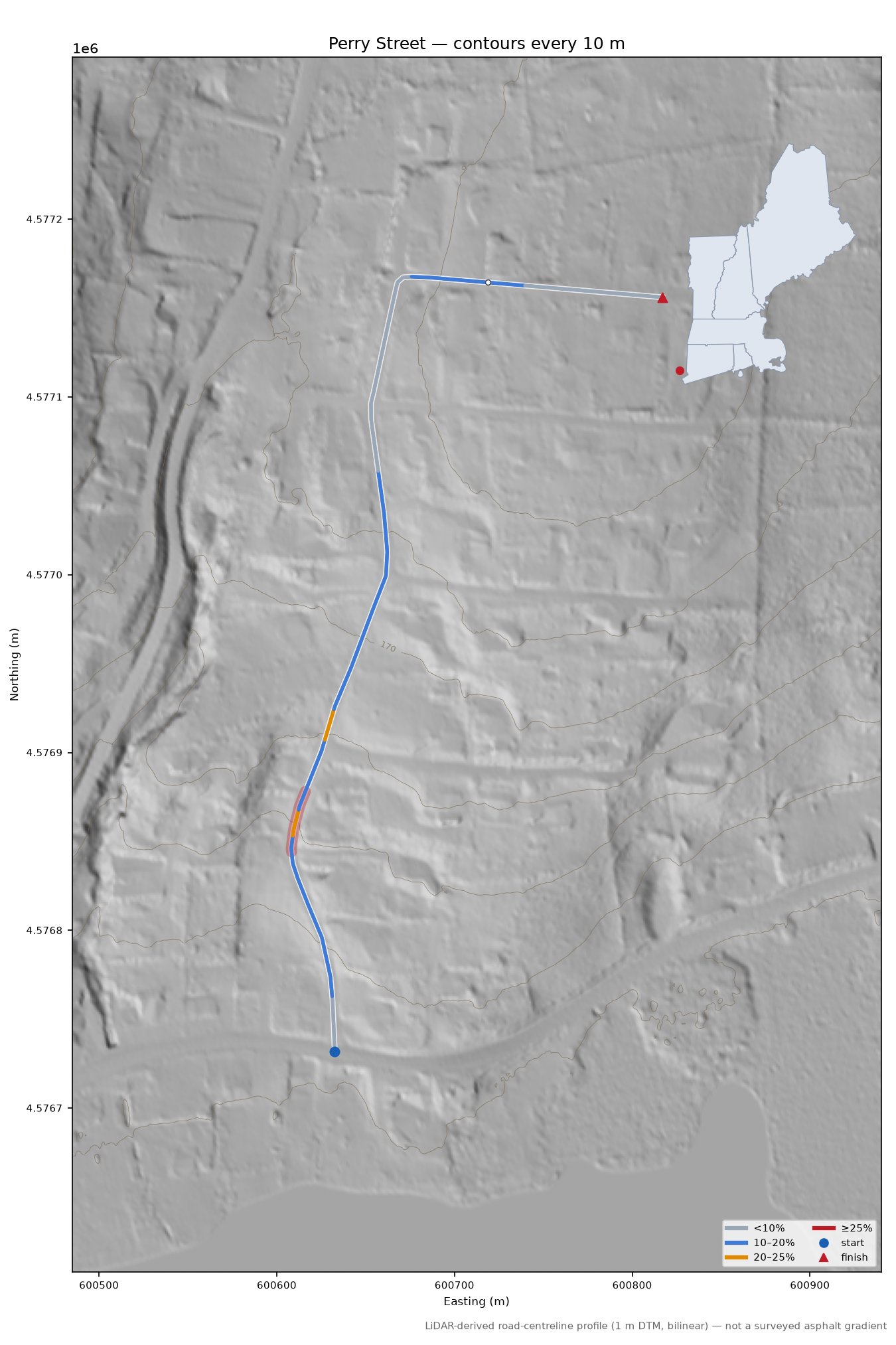 Perry Street LiDAR hillshade map with contours