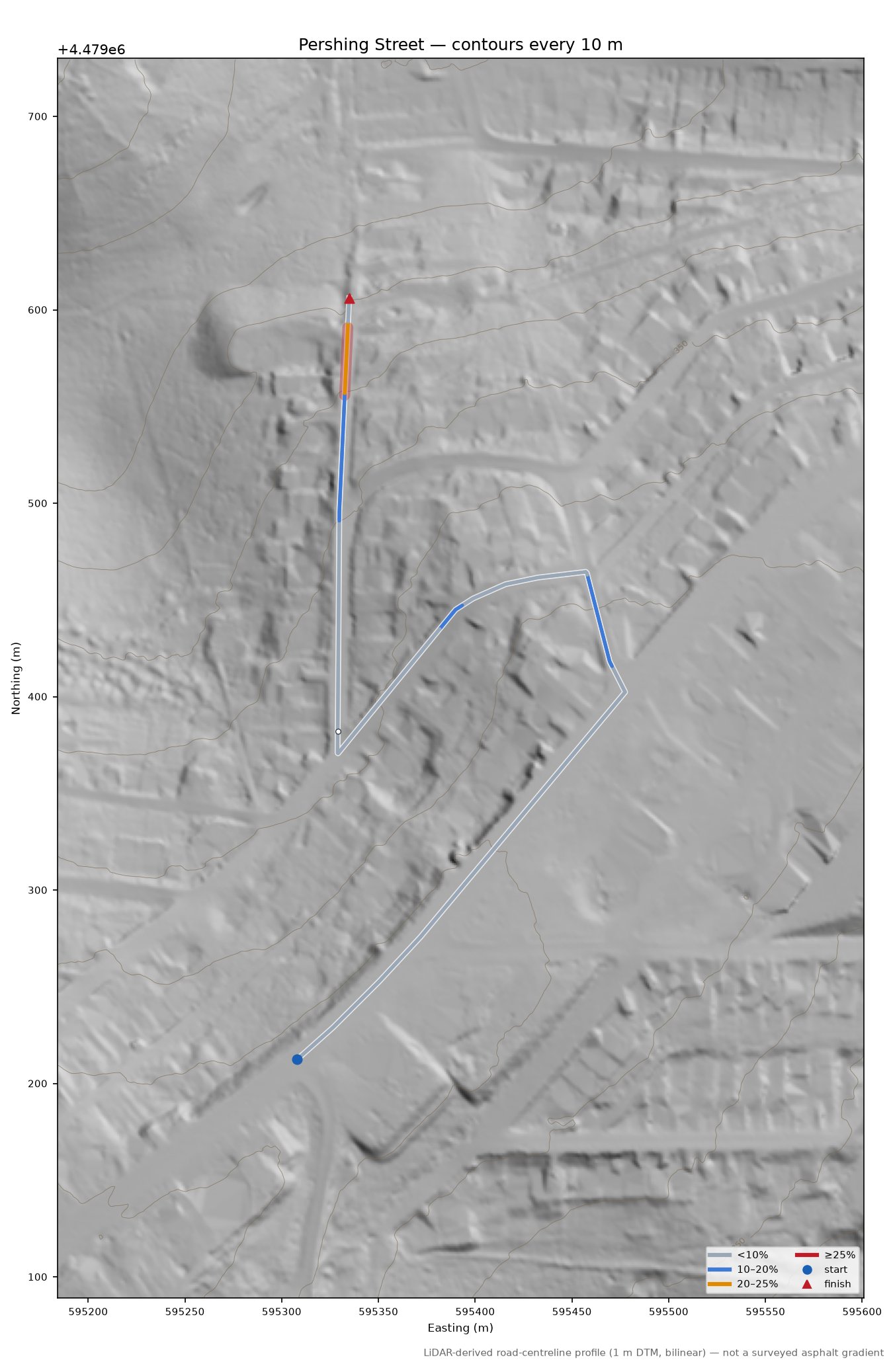 Pershing Street LiDAR hillshade map with contours