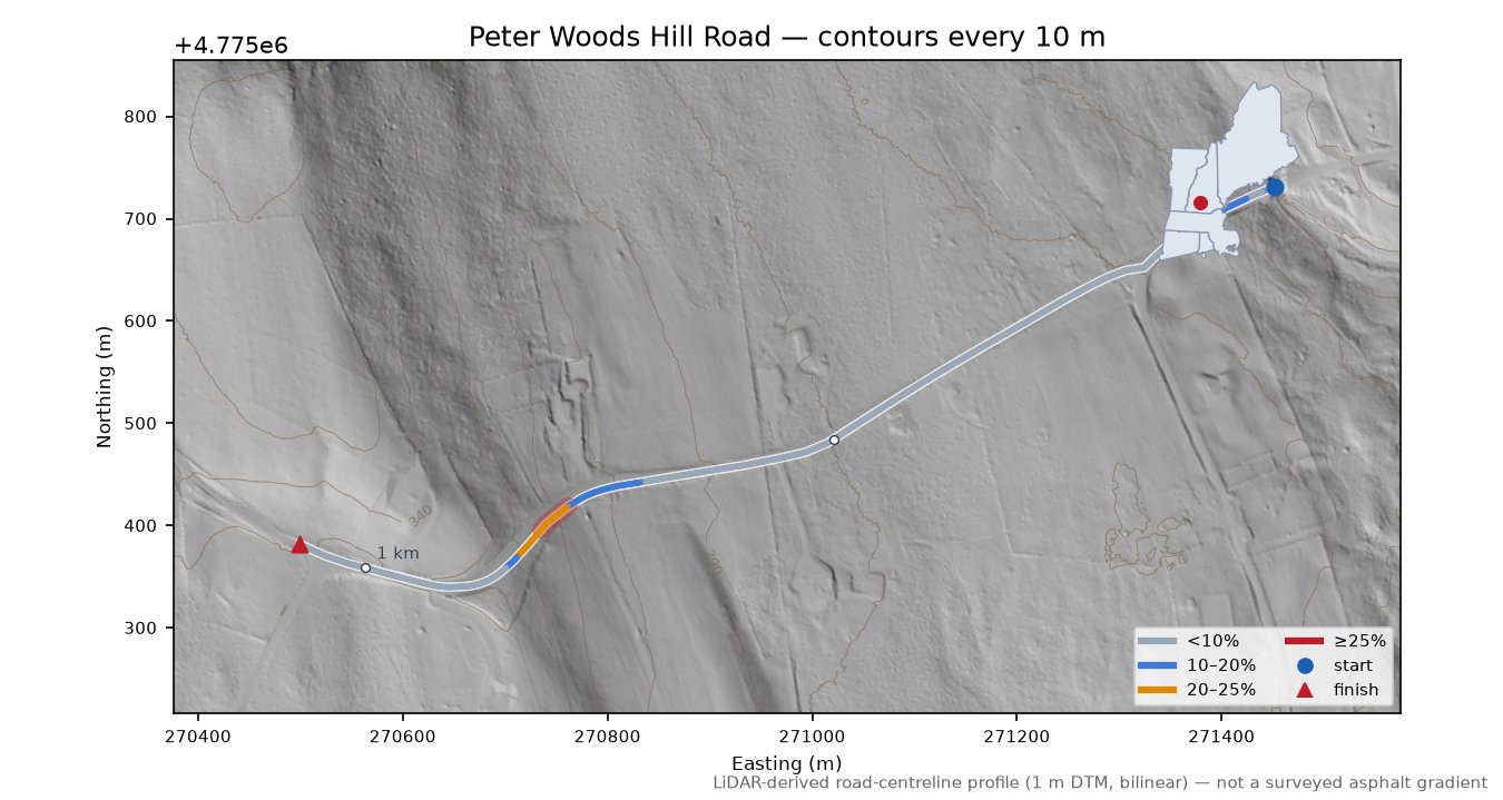 Peter Woods Hill Road LiDAR hillshade map with contours
