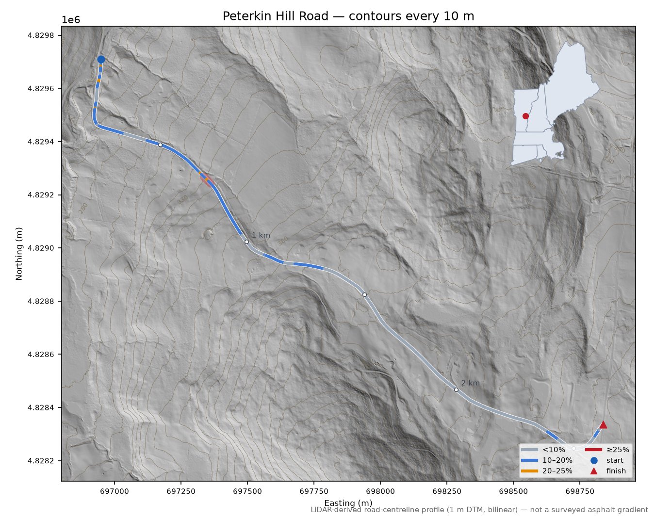 Peterkin Hill Road LiDAR hillshade map with contours