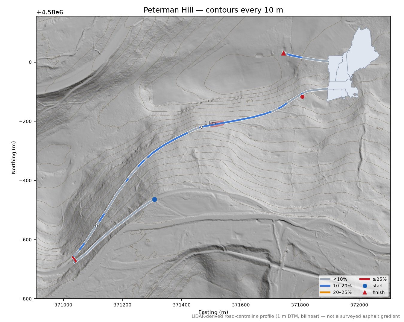 Peterman Hill LiDAR hillshade map with contours