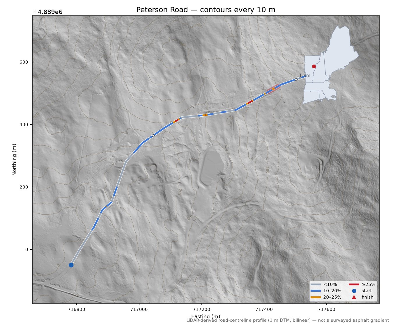 Peterson Road LiDAR hillshade map with contours