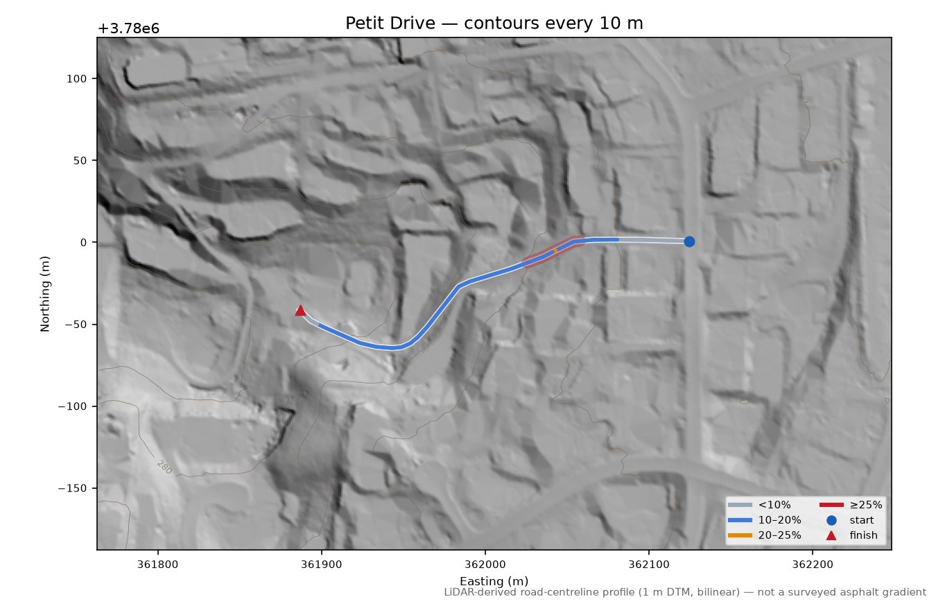Petit Drive LiDAR hillshade map with contours