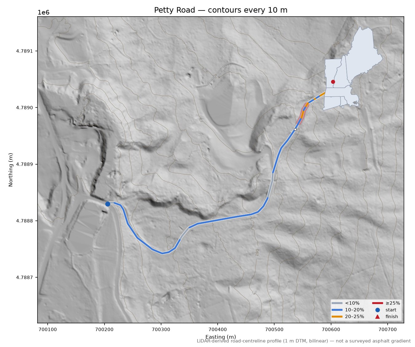 Petty Road LiDAR hillshade map with contours