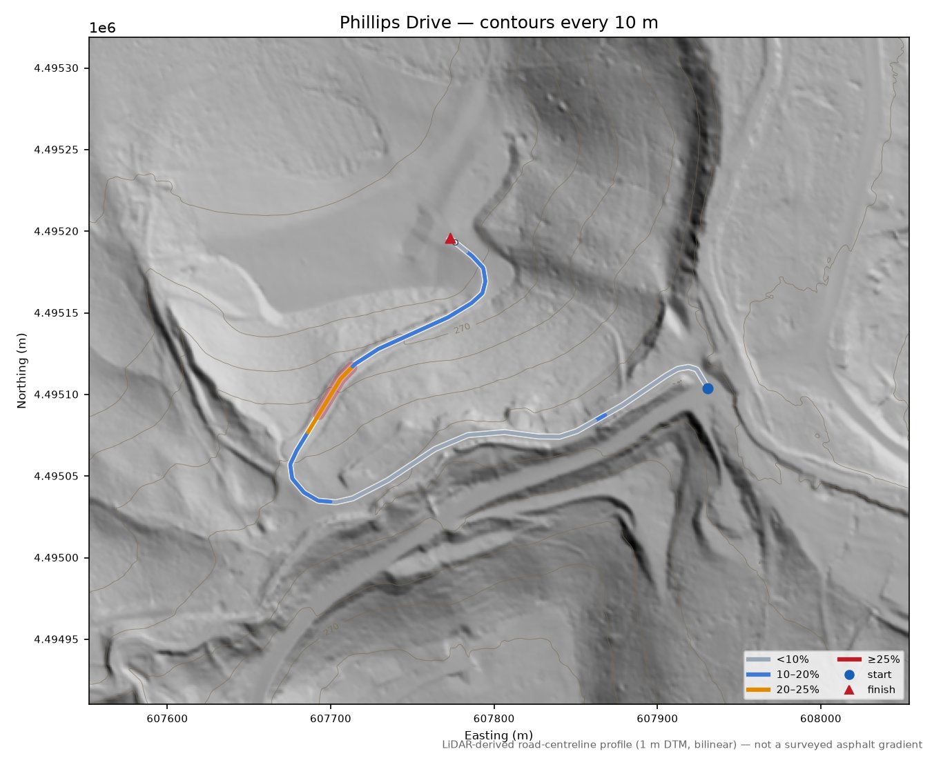 Phillips Drive LiDAR hillshade map with contours