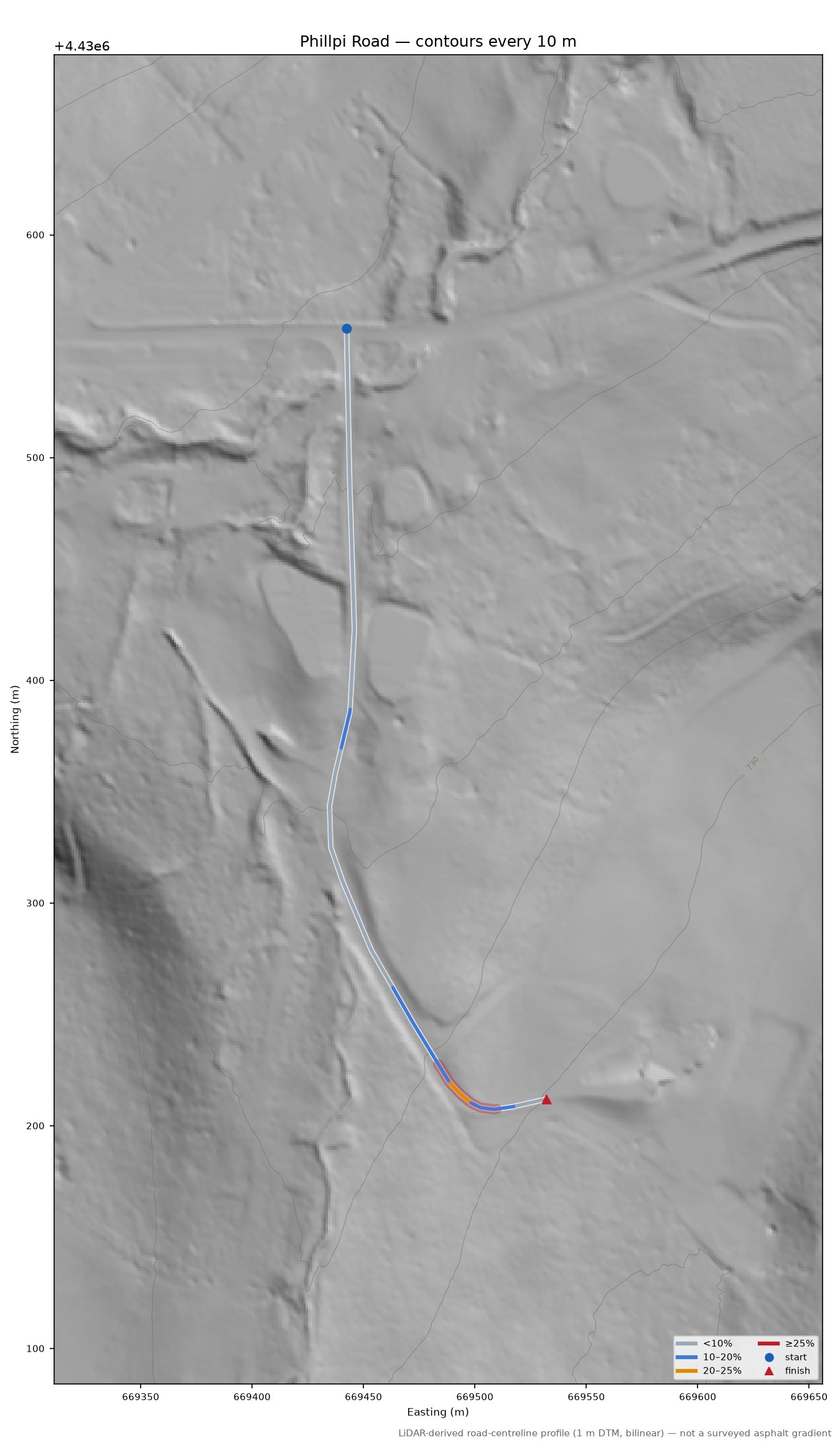 Phillpi Road LiDAR hillshade map with contours