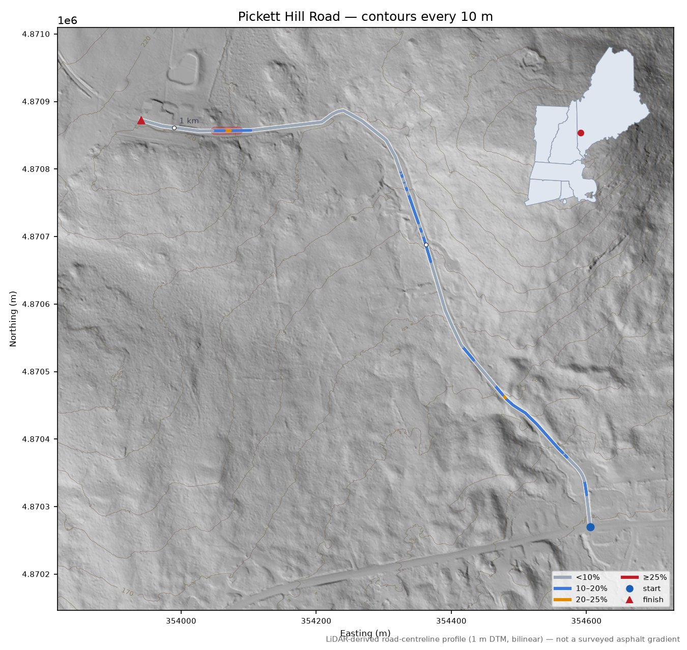 Pickett Hill Road LiDAR hillshade map with contours
