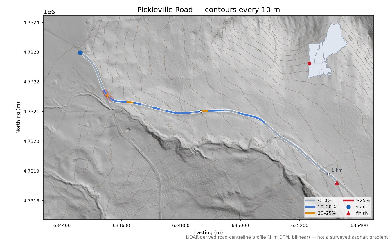 Pickleville Road LiDAR hillshade map with contours