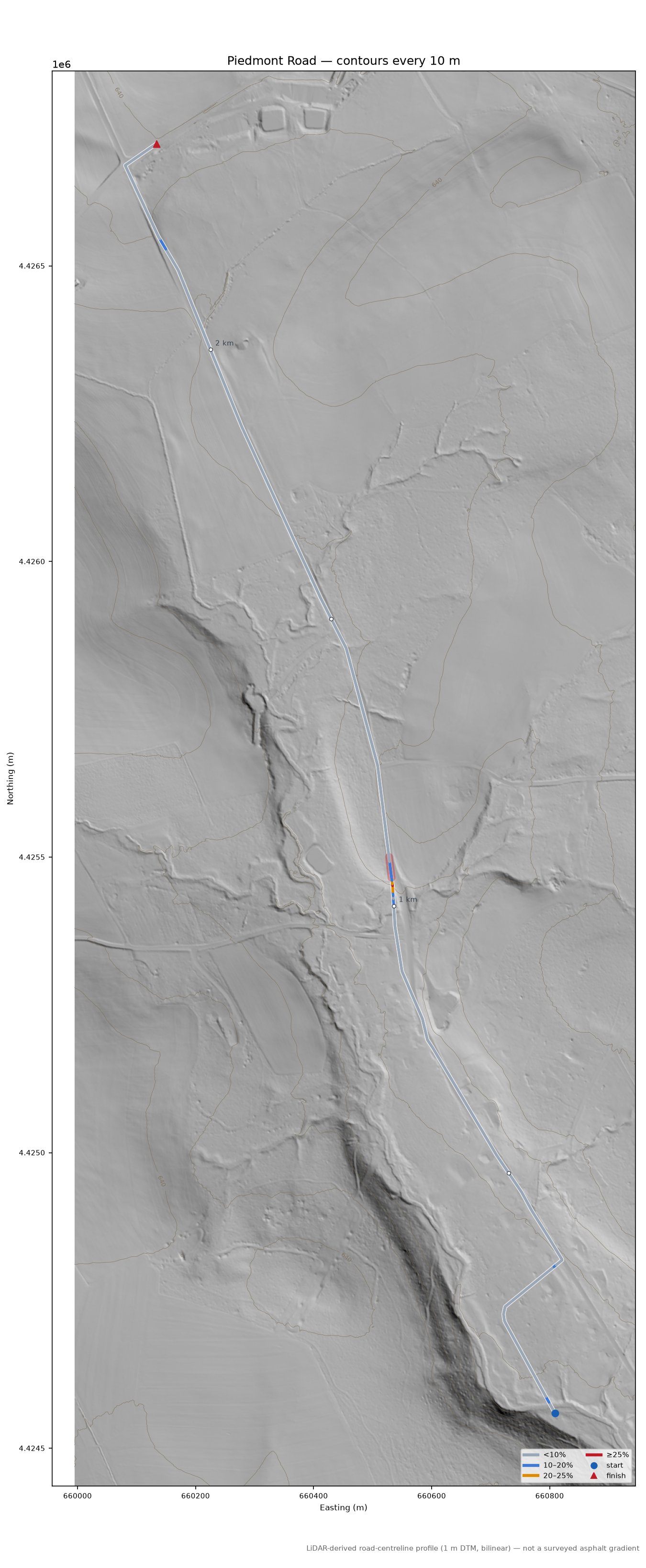 Piedmont Road LiDAR hillshade map with contours