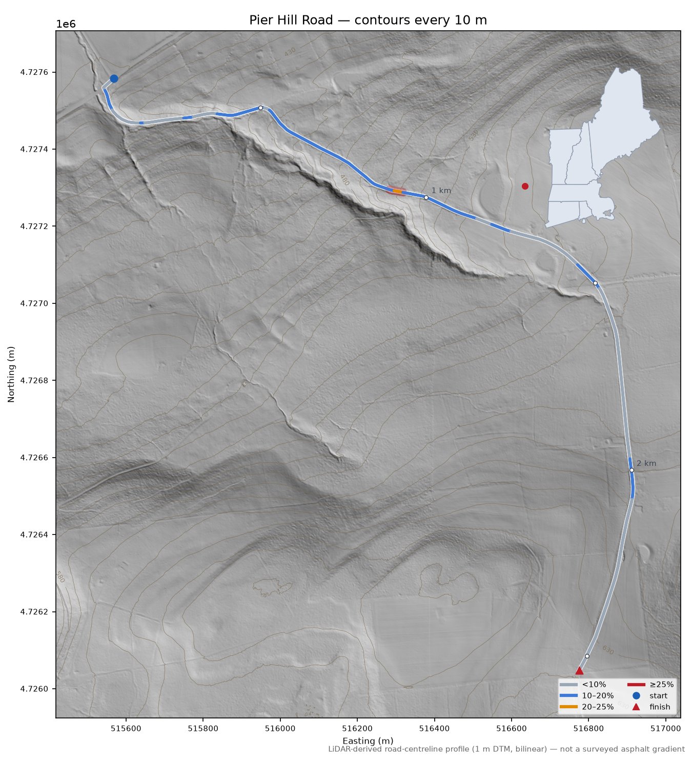 Pier Hill Road LiDAR hillshade map with contours