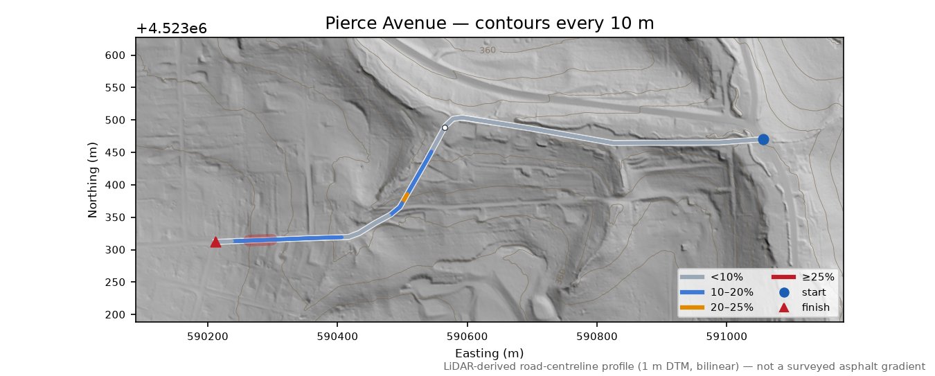 Pierce Avenue LiDAR hillshade map with contours