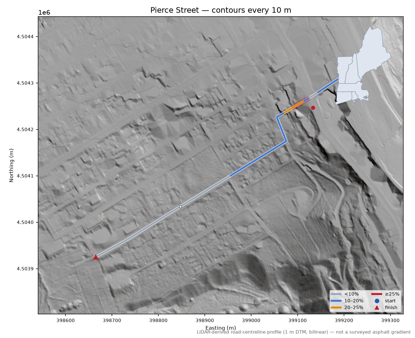 Pierce Street LiDAR hillshade map with contours