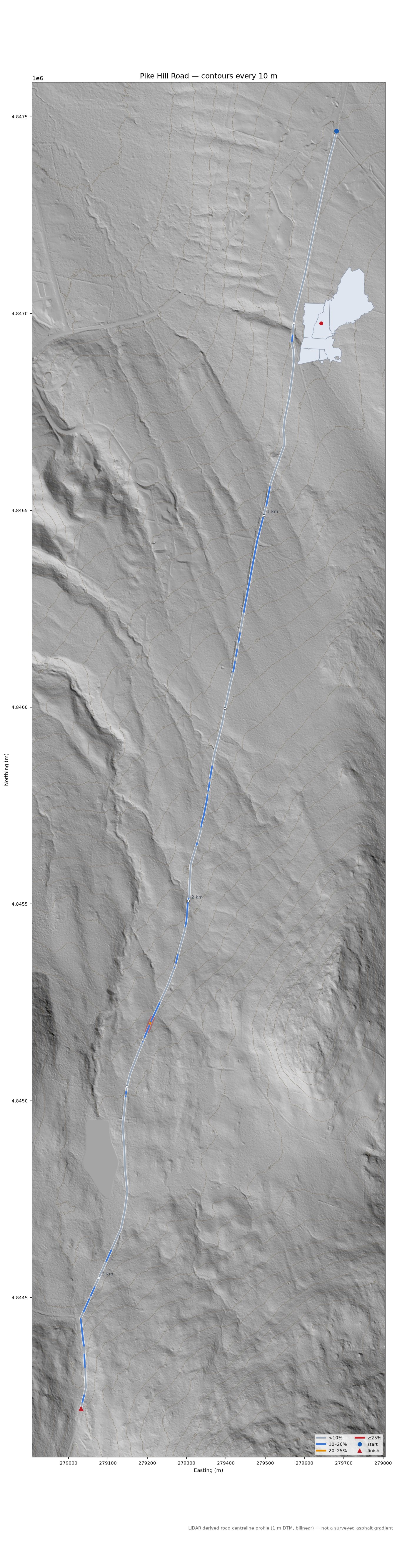 Pike Hill Road LiDAR hillshade map with contours